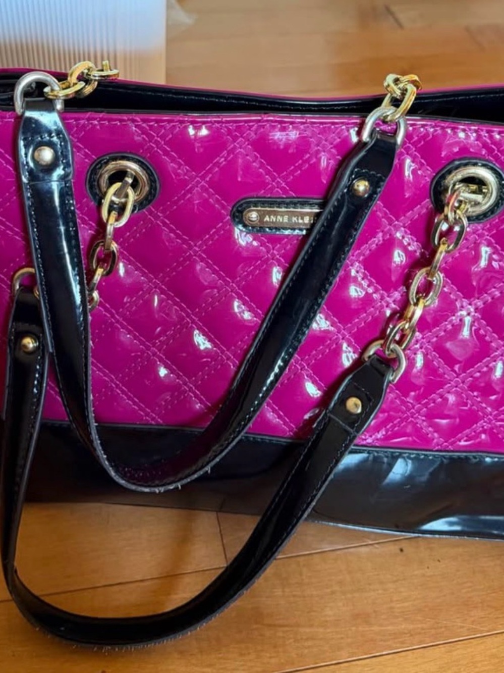 Anne Klein Fuchsia Quilted Patent Shoulder Bag with Black Trim